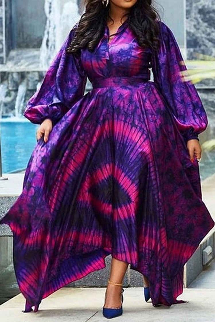 Plus Size Daily Tie Dye Print Lantern Sleeve Asymmetric Hem Maxi Dress