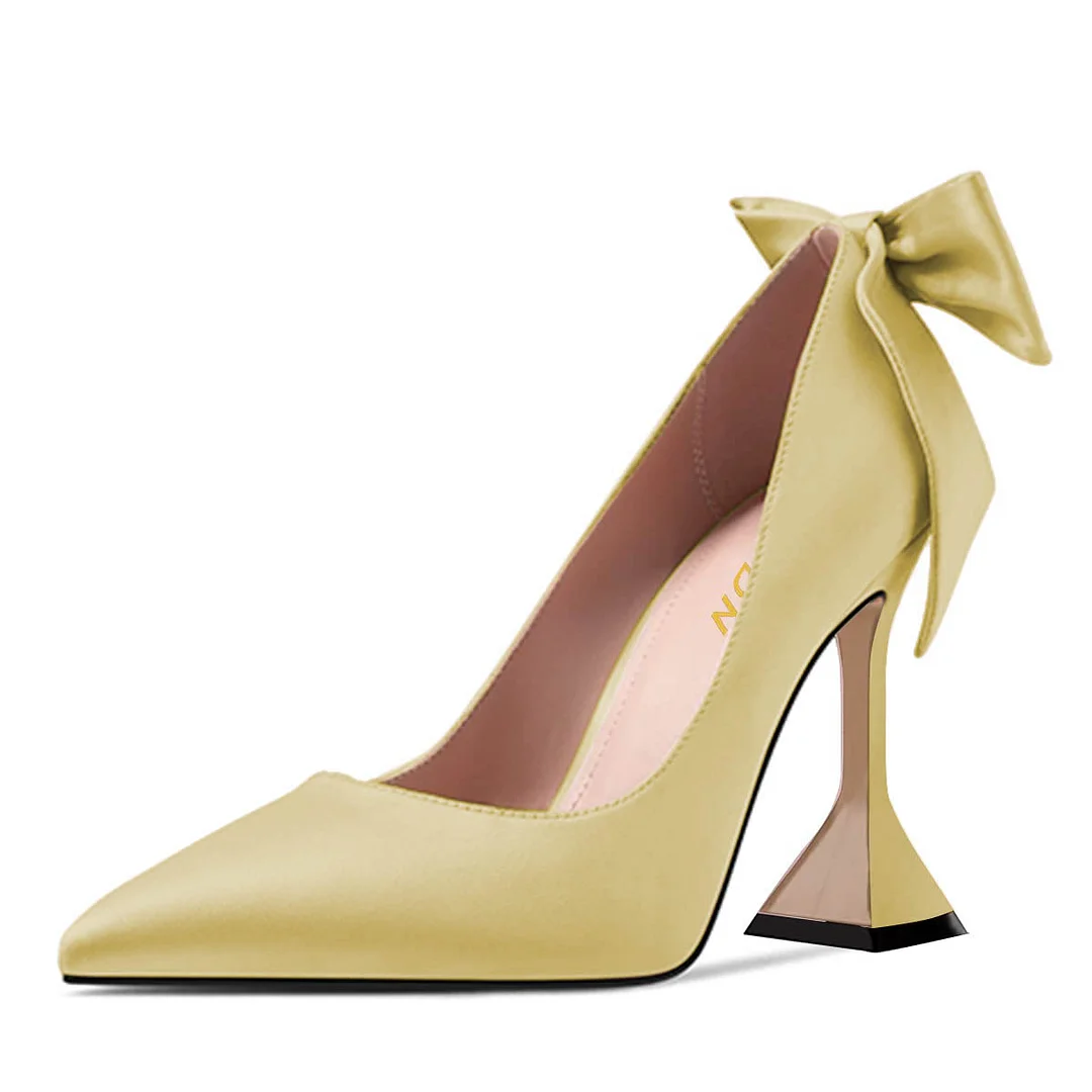 YDN Satin Pointy Toe Pearl Bow Flared Heel Pumps Shoes in Yellow