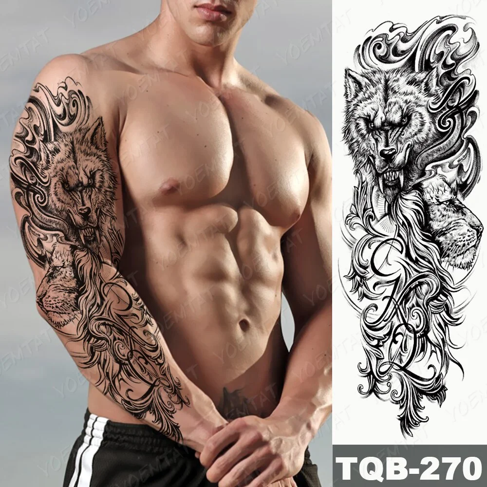 Sdrawing Full Arm Sleeve Tattoo Cross Wolf Rose Forest Waterproof Temporary Tatoo Sticker Angel Praying Men Women Body Art Tatto