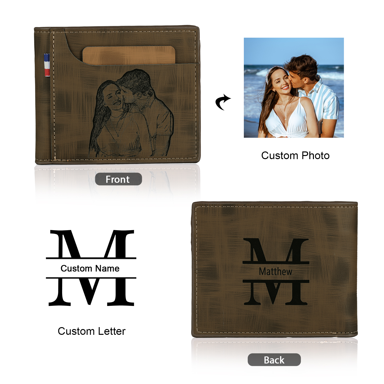 Portefeuille Classique 1 Prénom et Lettre Personnalisés avec Photo Porte-Monnaie Carte