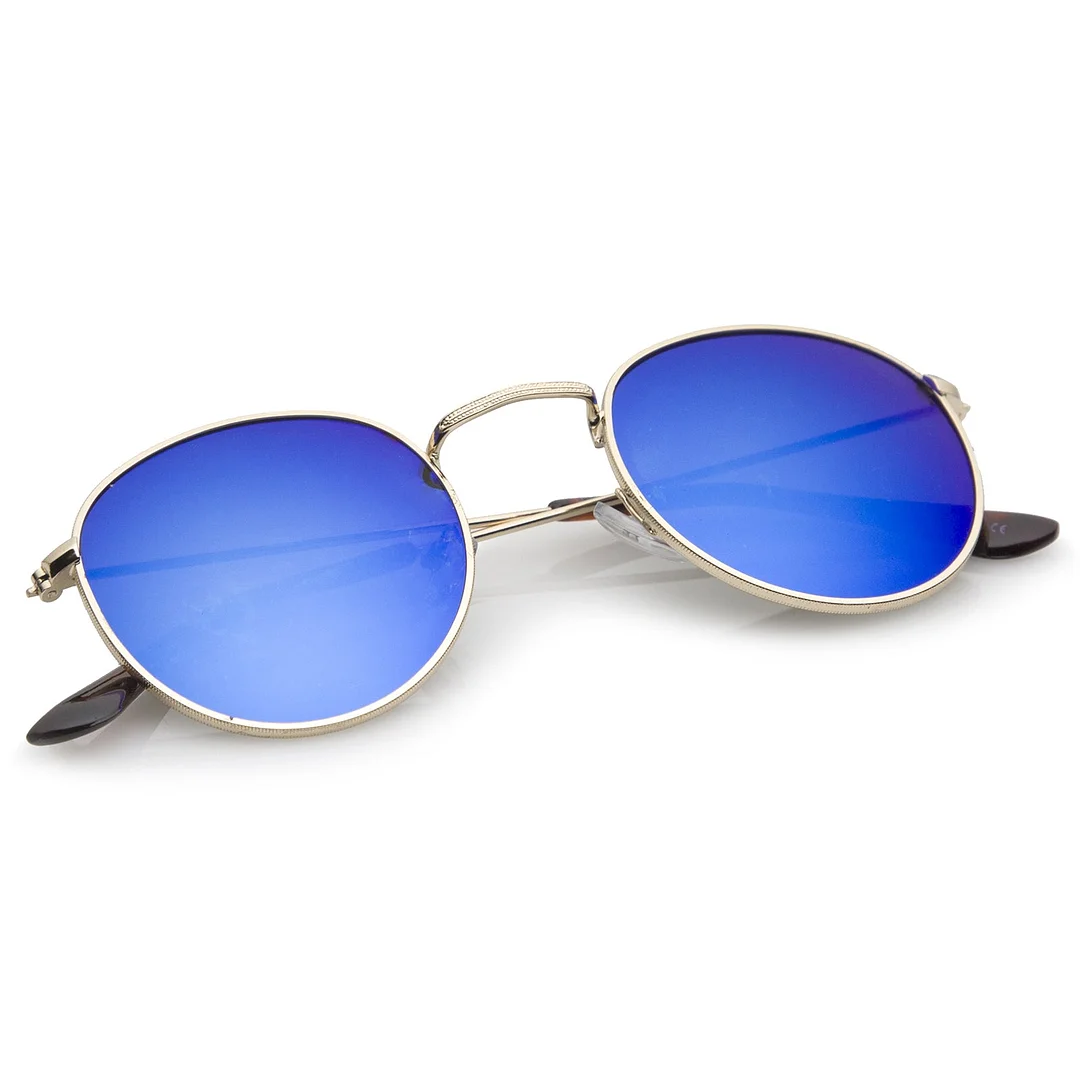 Classic Metal Slim Temple Textured Nose Bridge Mirrored Lens Round glasses 49mm