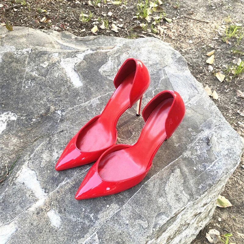 VCshoes Glossy Red 12cm 10cm 8cm 6cm High Thin Heel Pointed Toe Side Cutout Wedding Dating Cozy Women Pump QKOU022