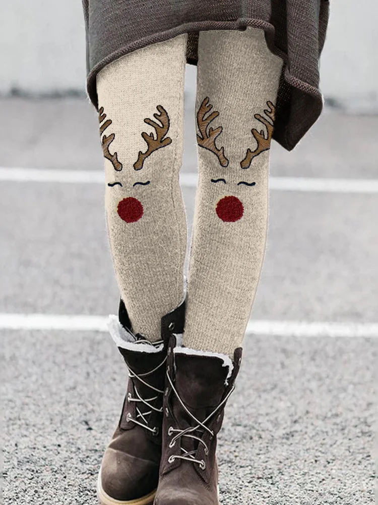 Christmas Reindeer Face Embroidery Art Cozy Leggings
