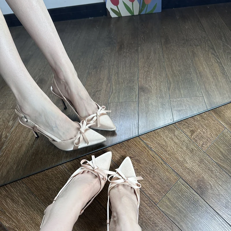 Breakj Breakj And Summer 2025 New Naked Color Bows Fine Heels Women's Silk Satin Sharp Sandals French Temperament Single Shoes