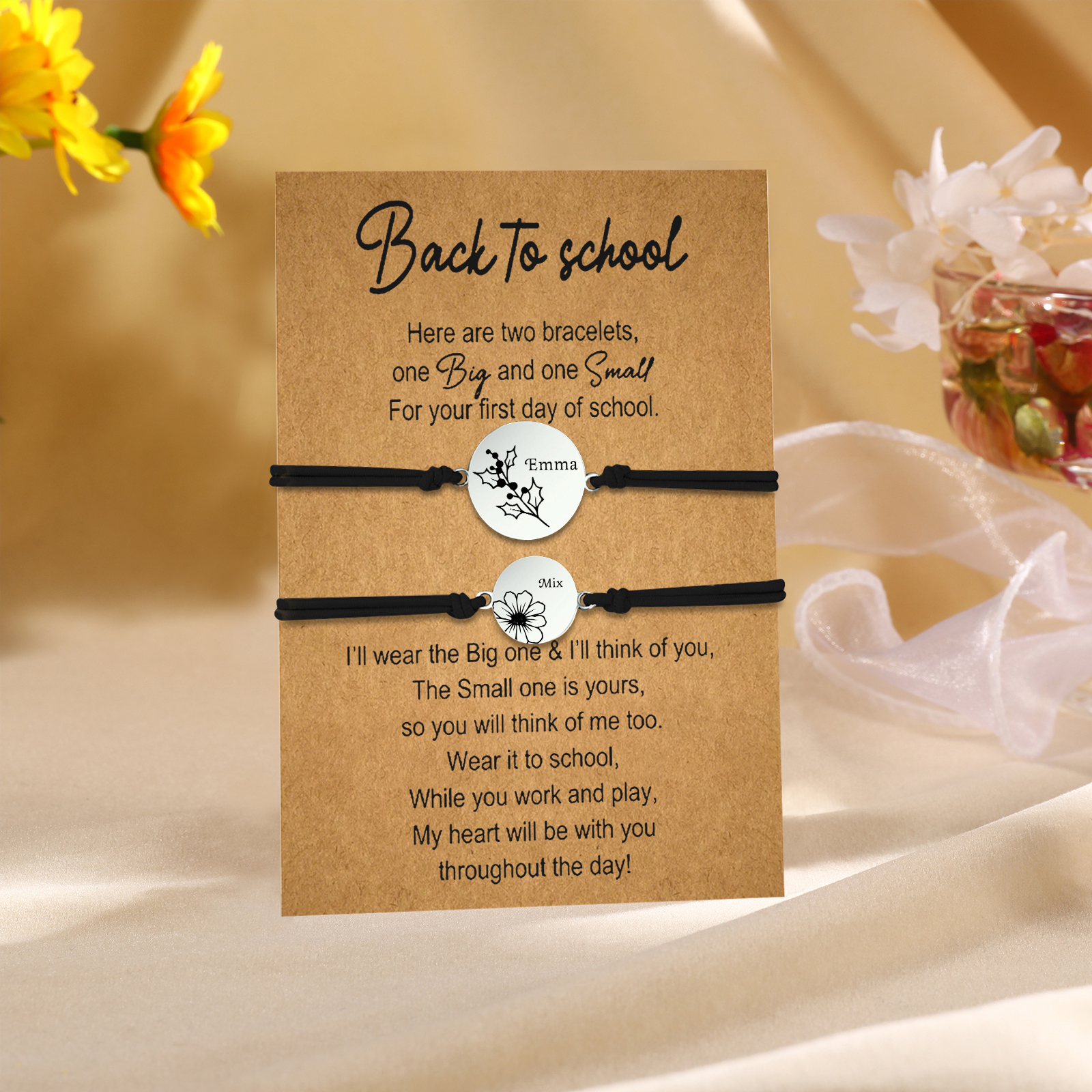2 Pcs Bracelet Set Personalised Names & Birth Flowers Adjustable Bracelets with Message Card Back to School Gifts for Daughters-Jessemade AU