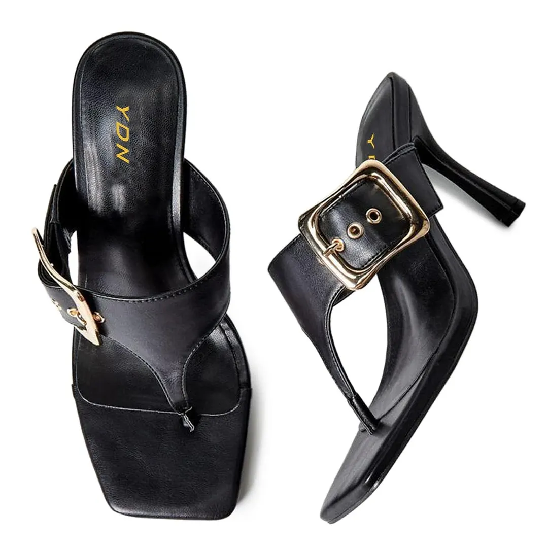 Black Square Toe Stiletto Heel Buckle Flip Flops Mules for Women