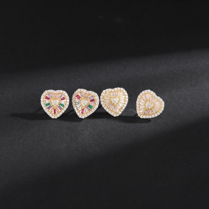 1 Pair Minimalist Shiny Heart Shape Inlay Copper Zircon 18K Gold Plated Ear Studs