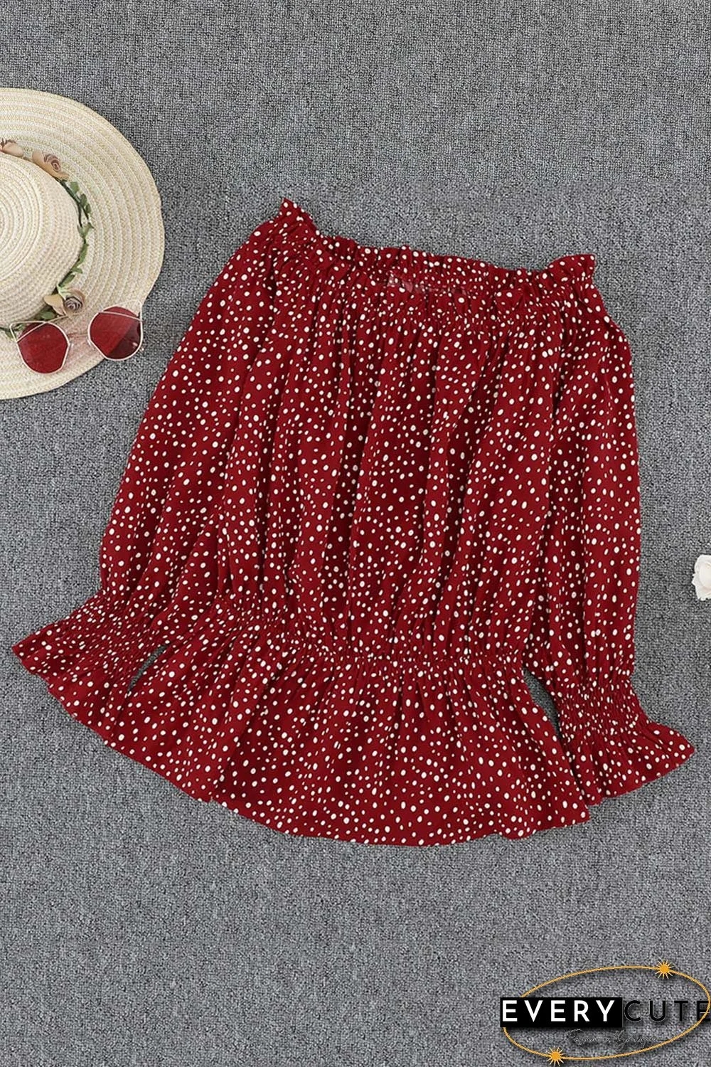 Red Polka Dot Off Shoulder Ruffle Long Sleeve Top