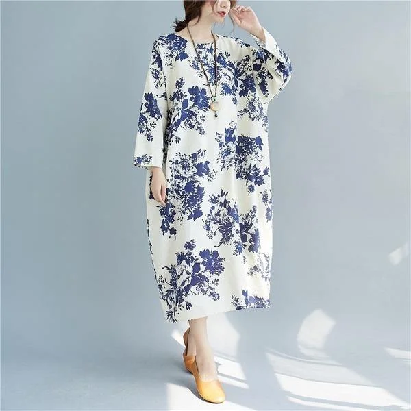 New Arrival 2020 Autumn Arts Style Vintage Print Loose Female Long Dresses