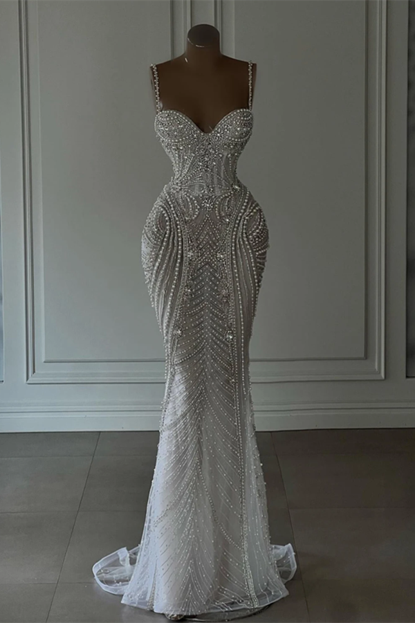 Luluslly Spaghetti-Straps Mermaid Wedding Dress Sleeveless Luxury Beadings