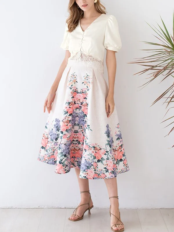 Solid Color Short Sleeve Top Print Skirt Set