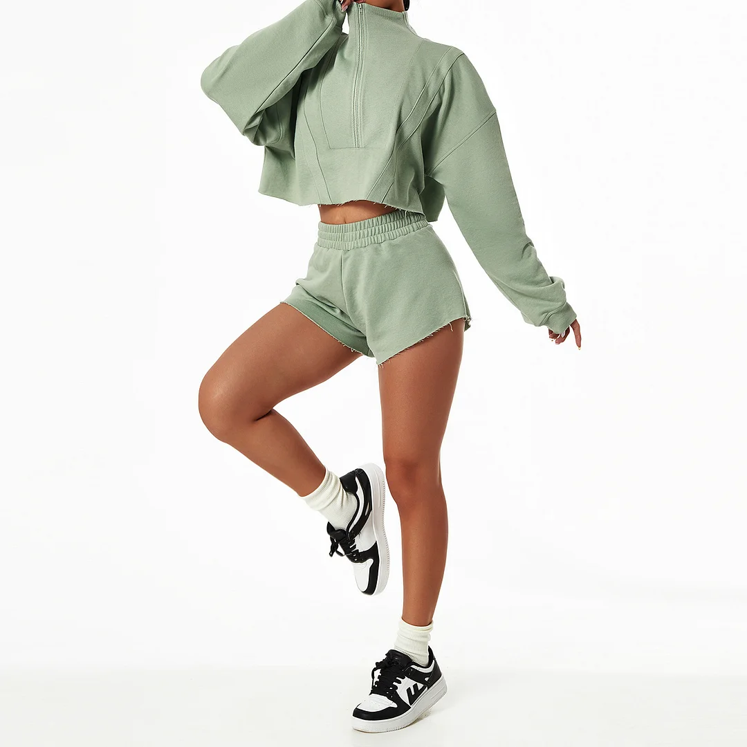 Stand collar zip long sleeves + shorts 2-piece set