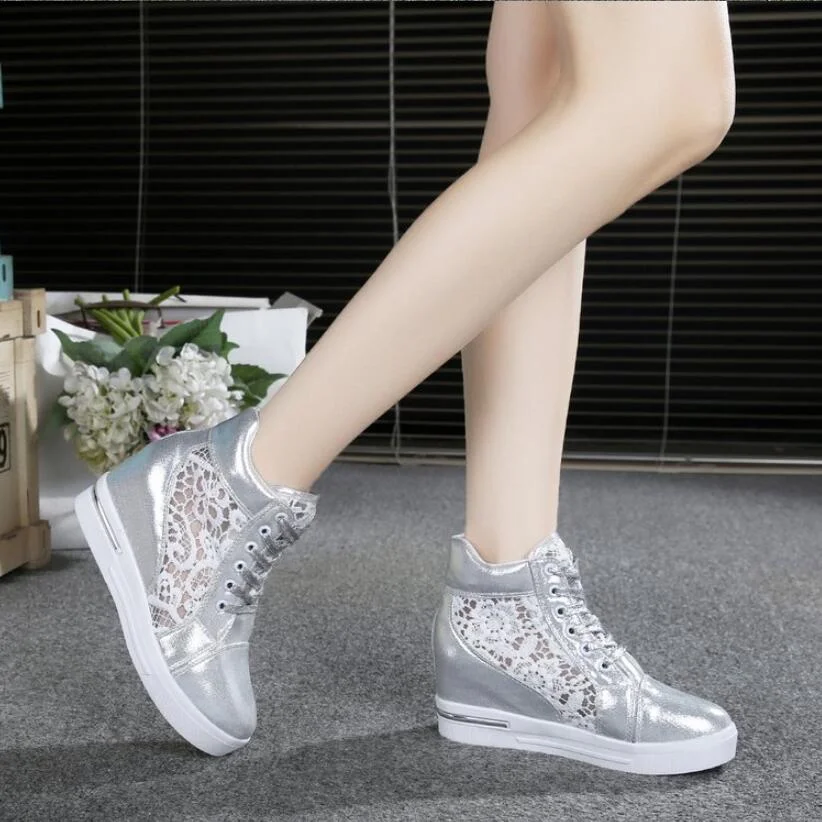 Yyvonne 2022 New Women Wedge Platform Sneakers Rubber Leather High Heels Lace Up Shoes Height Increasing White Thick Bottom 40