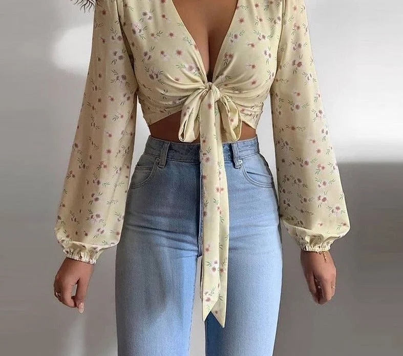 abebey Chic Lantern Sleeve Floral Print Knotted Front Crop Tops Women Blouses