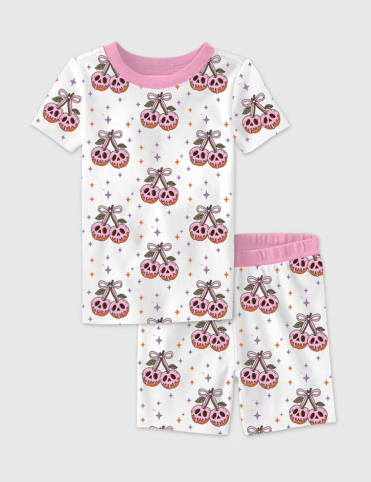 Kid's Halloween Retro Spooky season Cherry Bow Spooky Witchy Skeleton Print Short Sleeve Pajama Set