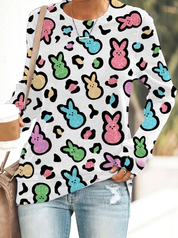 Women's Leopard Easter Bunny l Print Round Neck Casual Sweatshirt