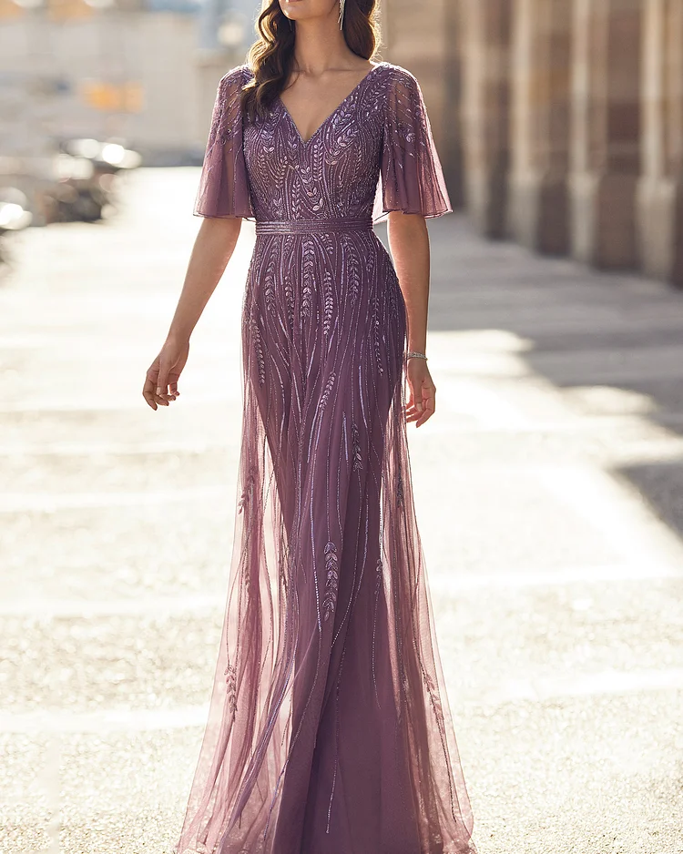Sequined V-Neck Mesh Maxi Dress Gown