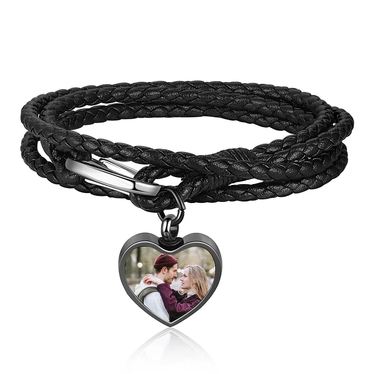 Heart Photo Bracelet with Braided Leather Chain Multi-layer Bracelet