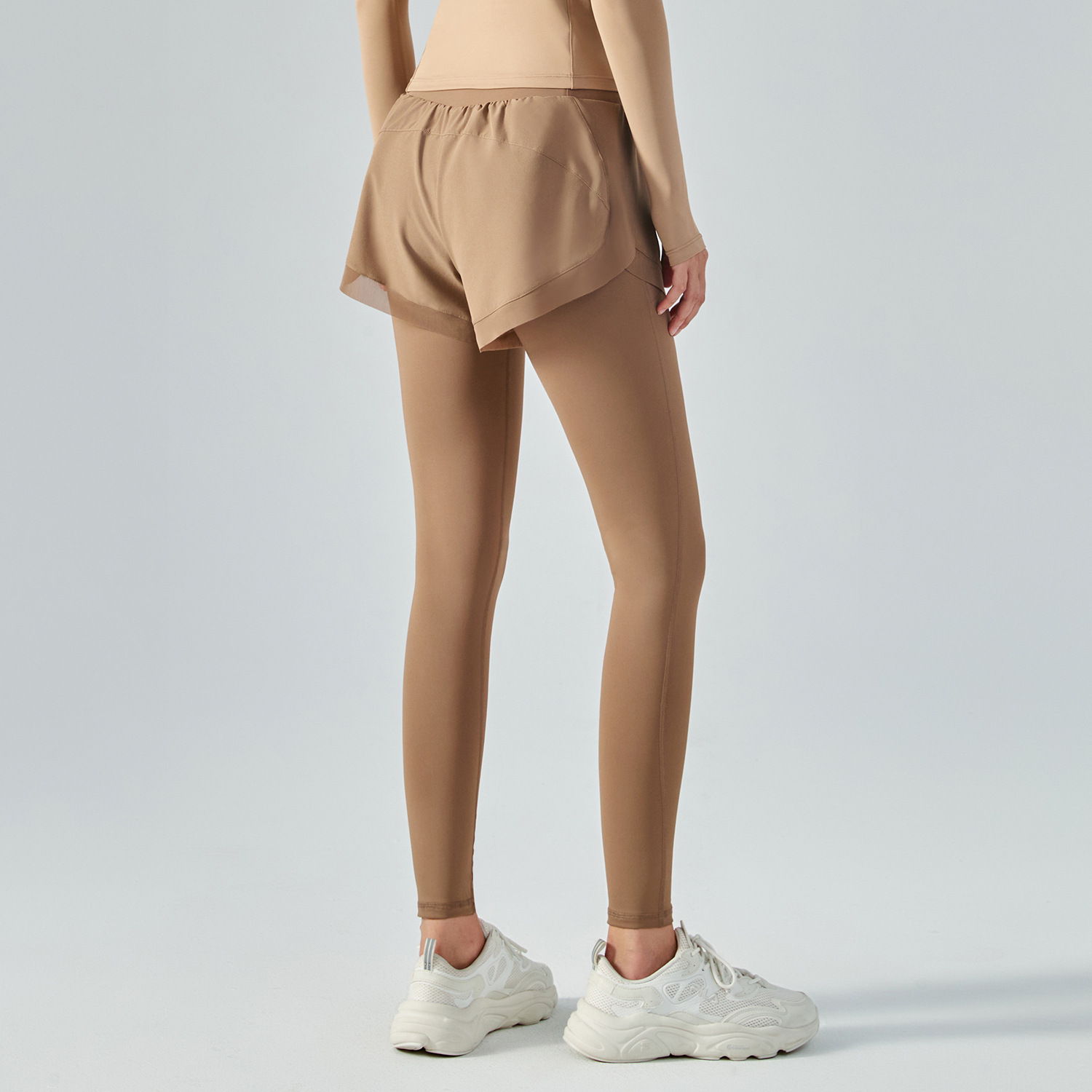 Hergymclothing Cocoa fake 2 pieces high waist butt lifting pocket yoga leggings with shorts online shopping