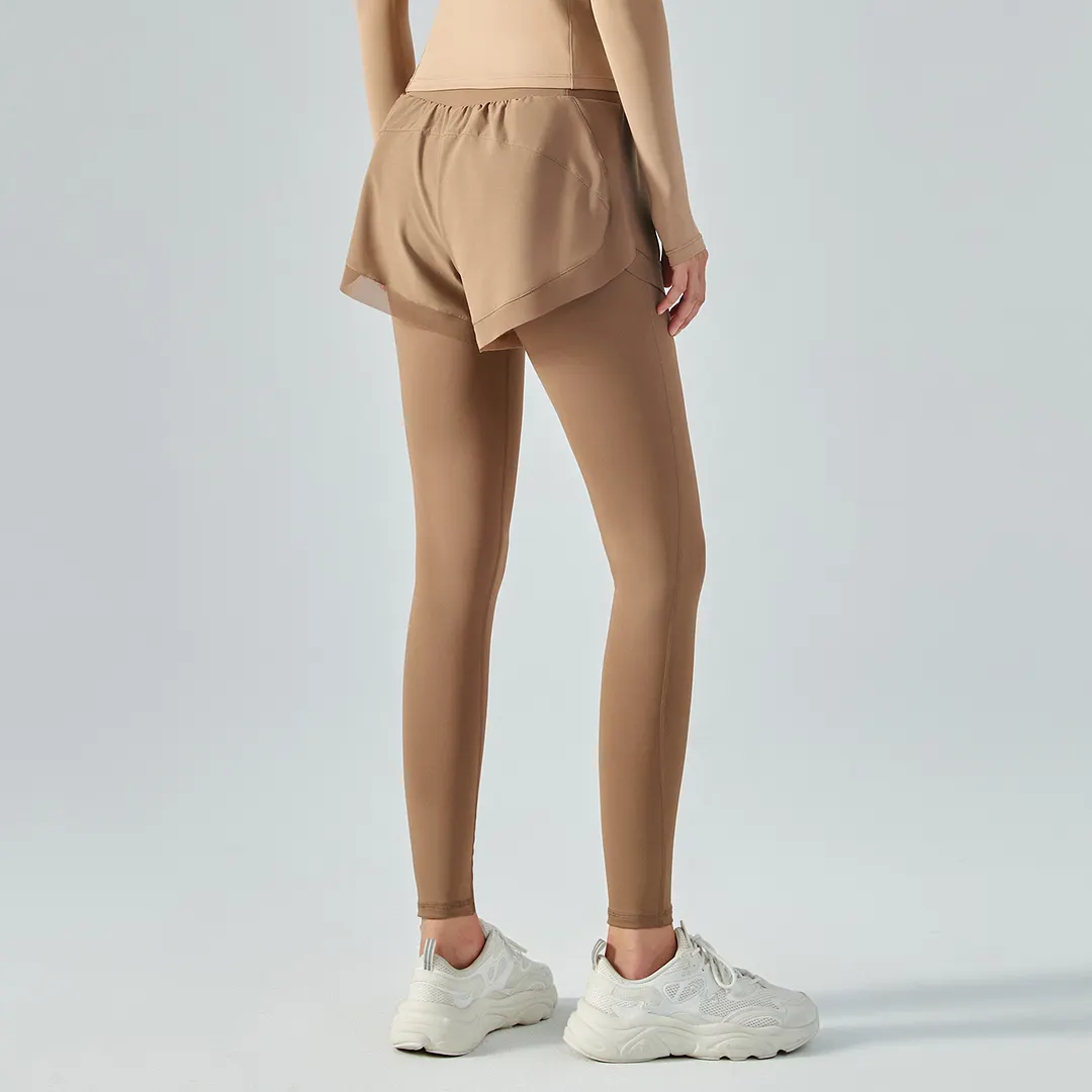 Hergymclothing Cocoa fake 2 pieces high waist butt lifting pocket yoga leggings with shorts online shopping