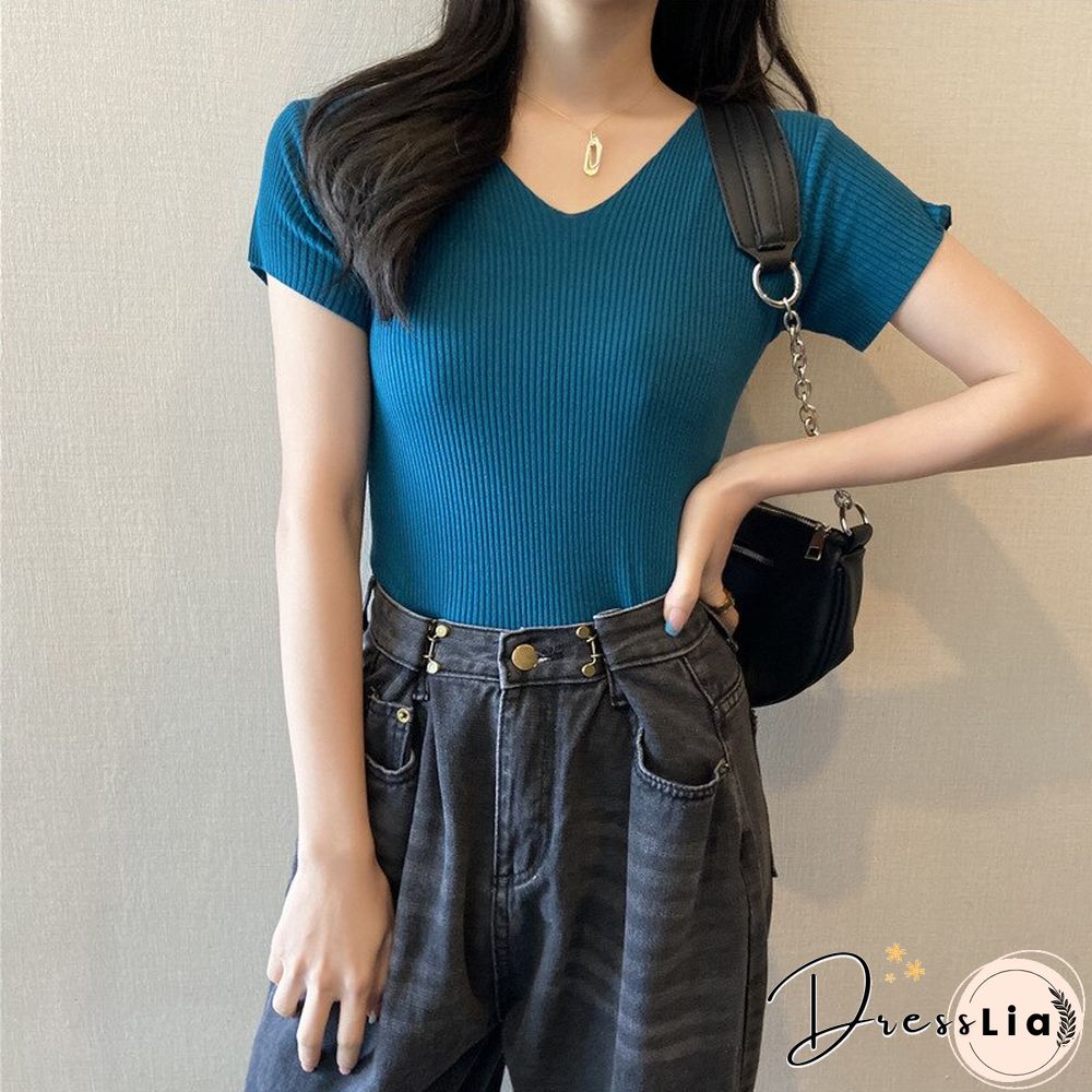 Christmas Gift Summer Short Sleeve Korean Style Sweater V-Neck Knitted Pullover Women Sweaters Basic Thin Tops Pull Femme Jumper