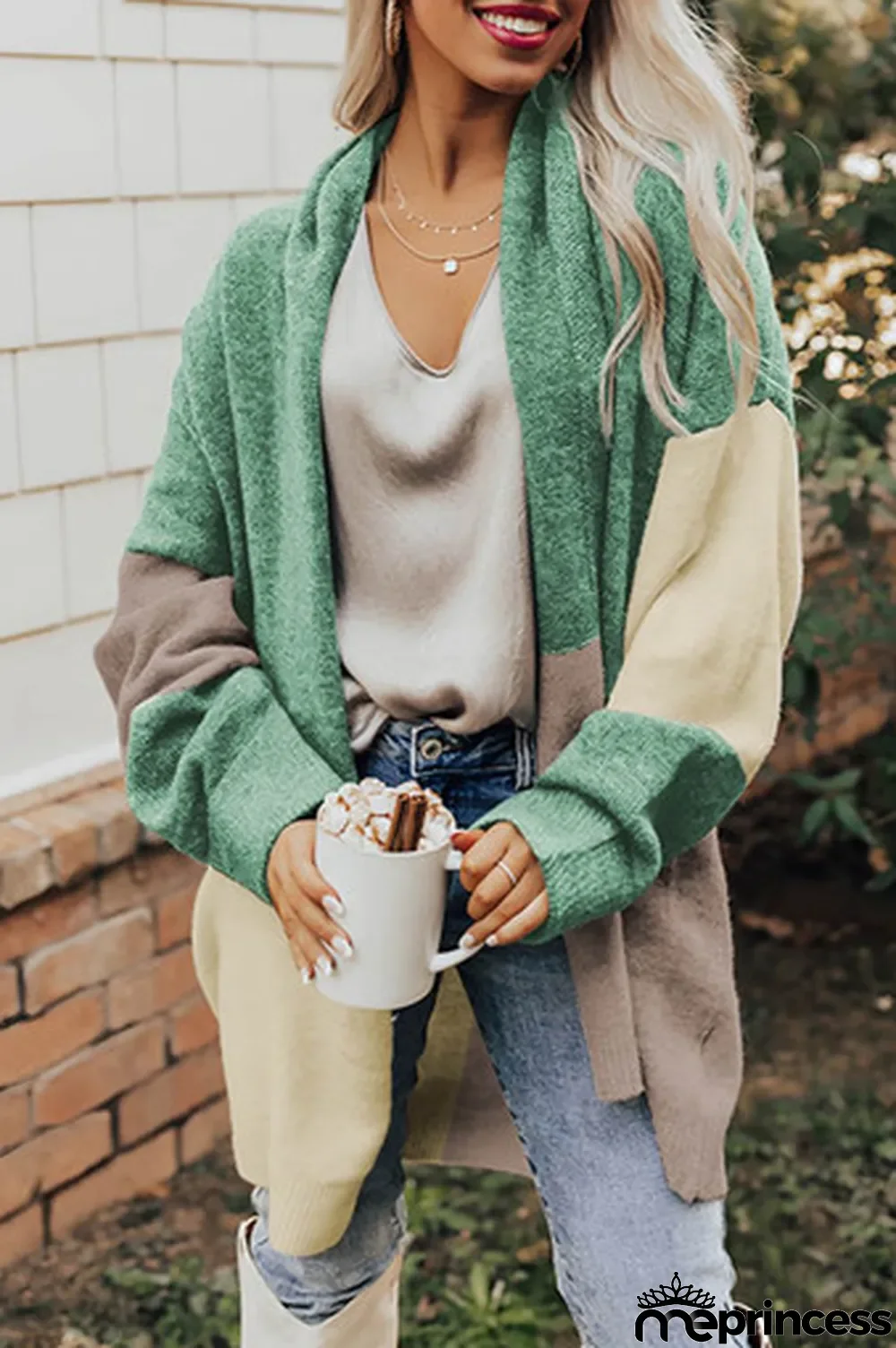Green Colorblock Draped Open Front Chunky Cardigan