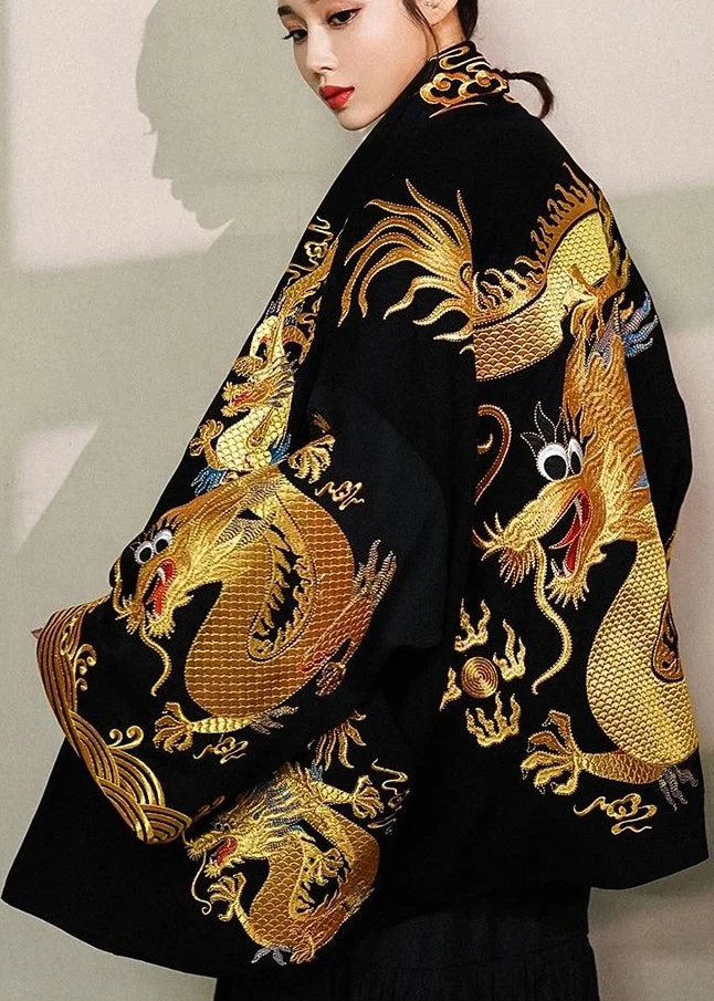 Italian Black Dragon Embroidered Oversized Silk Cardigan Fall Unisex