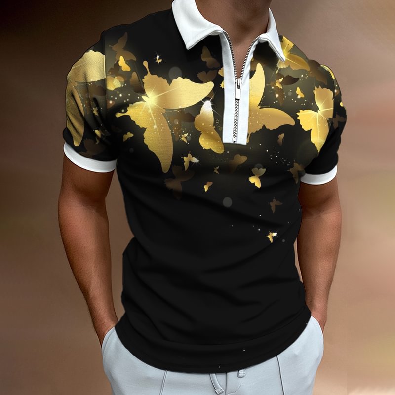 Short-sleeved Polo Shirt With Golden Butterfly Print-Compassnice®
