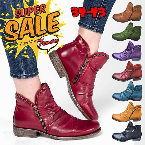 7 Colors Women's Fashion Chunky Low Heel Zipper Ankle Boots Solid Color Faux Leather Short Boots Casual Flats Autumn and Winter Ladies Slip On Shoes - Shop Trendy Women's Clothing | LoverChic