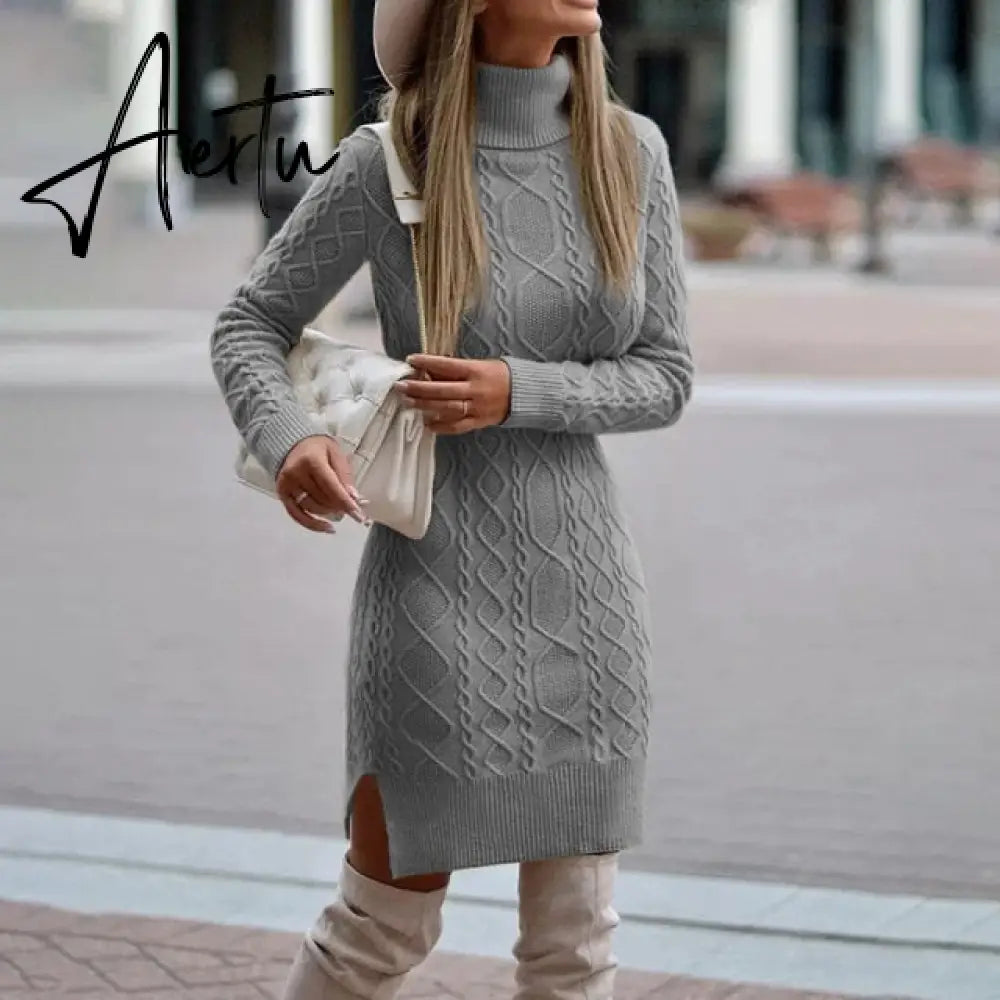 WEPBEL Women Elegant Autumn Winter Knitted Sweater Dress Casual Ladies Solid Color Long Sleeve Turtleneck Split Bodycon Dress Aiertu