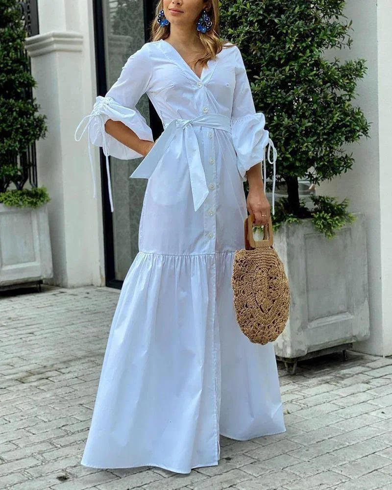 Women's Solid Color V Neck Dress