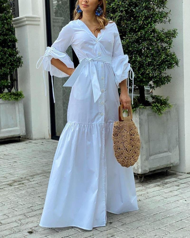 Women's Solid Color V Neck Dress