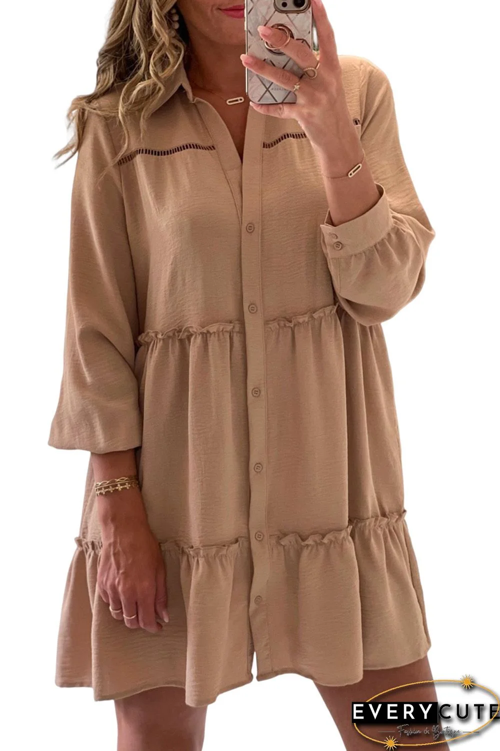 Khaki Tiered Frilled Button-up A-line Mini Dress