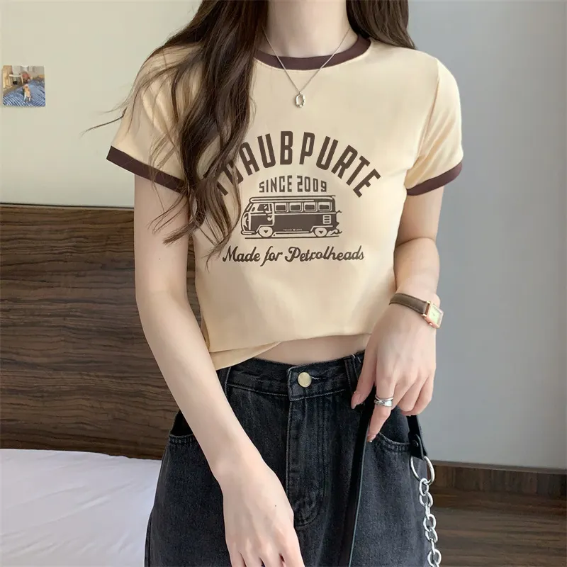Uveng Uveng Summer New Sweet Hottie Girl Bump Color Round Collar Short Style On The Clothes Design Sense Shows Thin Students Short-Sleeved T-Shirt Girl