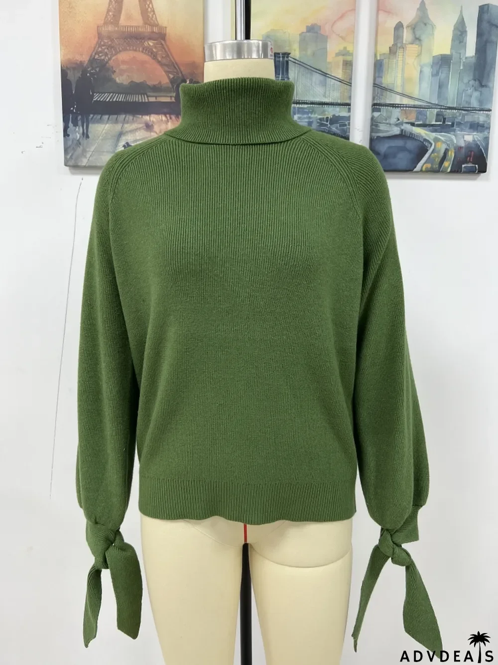 Women's autumn and winter fashion lace-up long sleeve knitting loose pullover turtleneck sweater