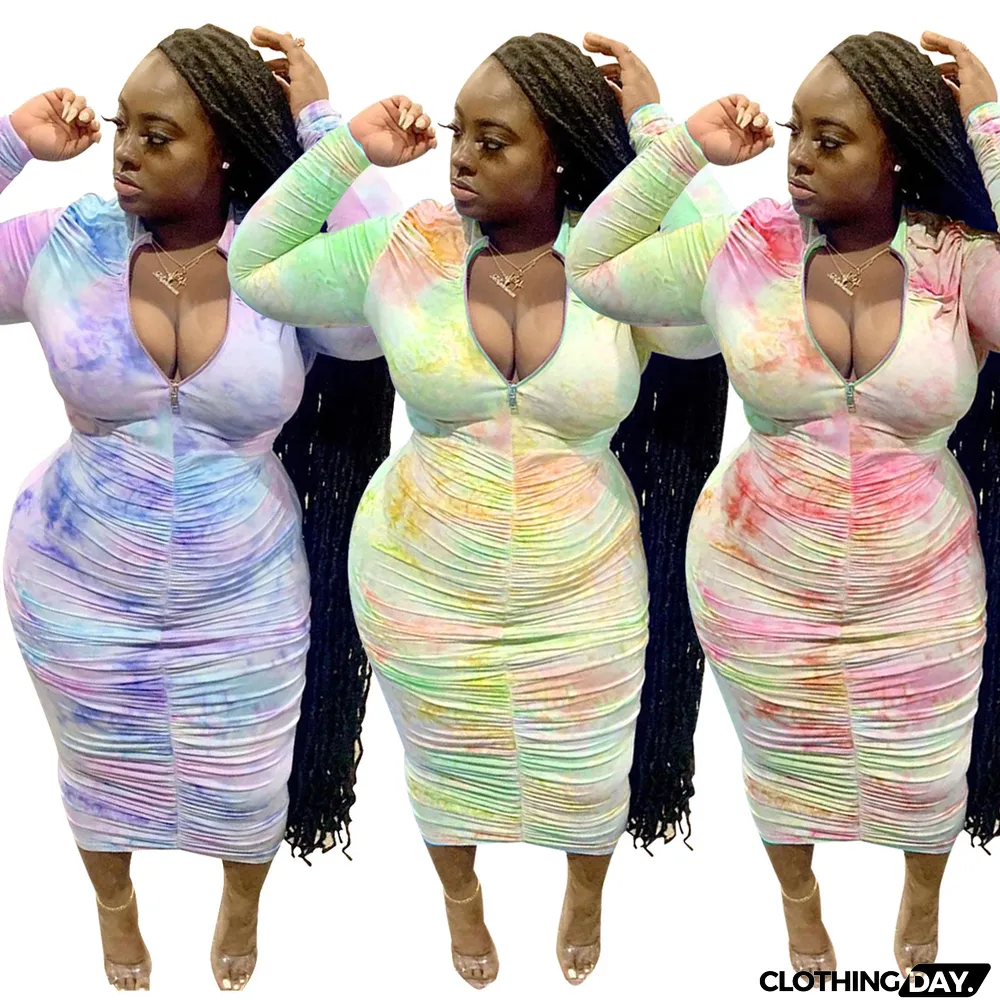 Plus Size Printed Ruched Zipper Midi Dress