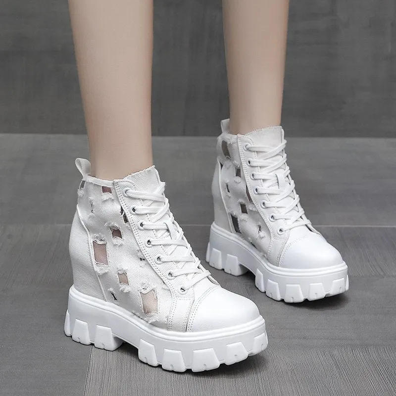 2022 Autumn Hollow Out Canvas Ankle Boots For Women Round Toe Lace Up Hidden Heels Shoes Woman Chunky Platform Booties