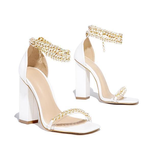 Bonnieshoes Gold-Tone Chain Embellished Ankle Strap Chunky Heels