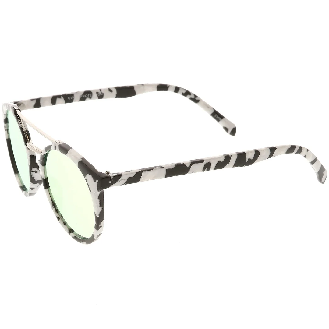 Modern Horn Rimmed glasses Marble Print Double Crossbar Round Flat Lens 50mm