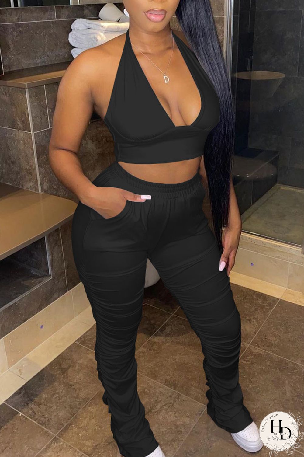 Tangerine Red Casual Solid Bandage Split Joint Backless Halter Sleeveless Two Pieces