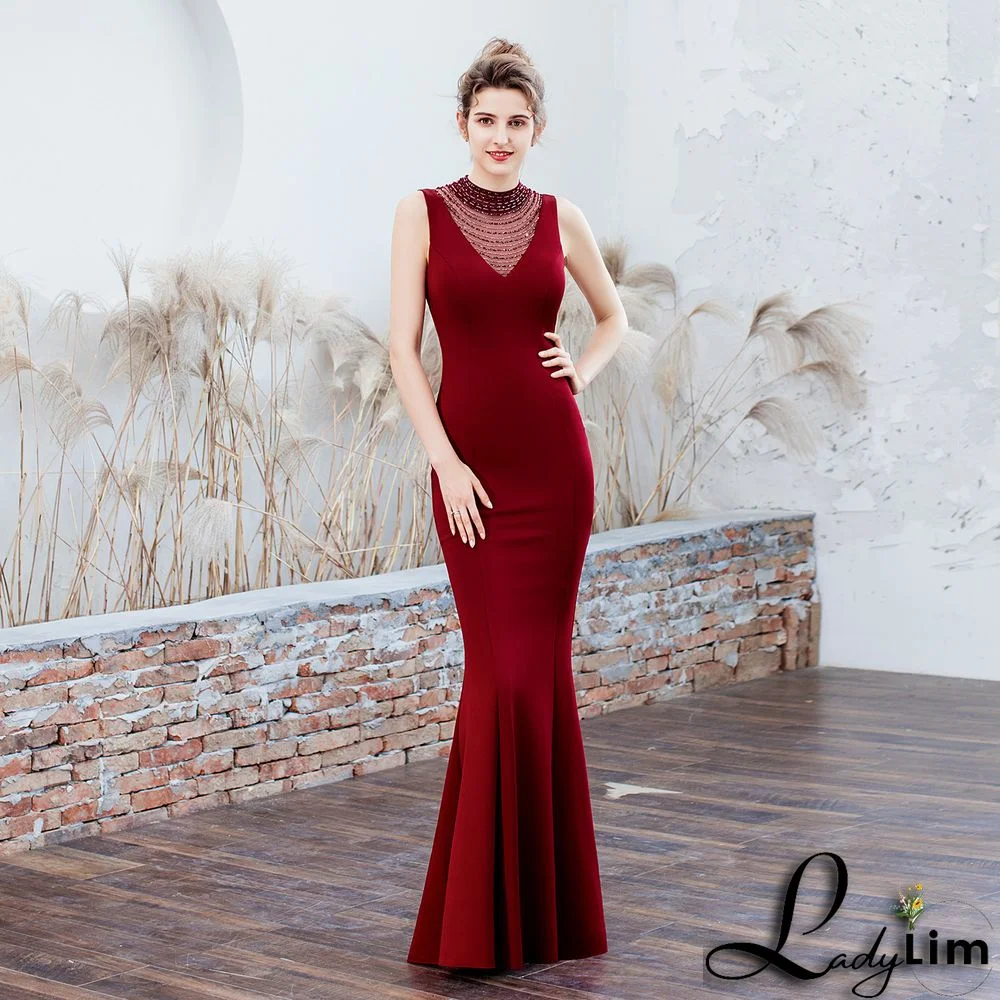 Women Elegant Mesh Sleeveless Formal Party Maxi Mermaid Evening Dress