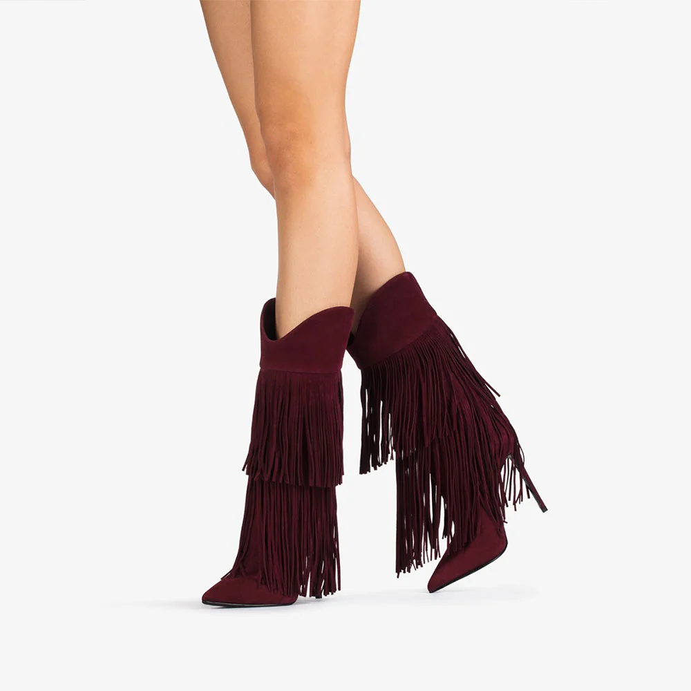 Women's Maroon Pointed Toe Slip On Heeled Mid Calf Boots with Fringe