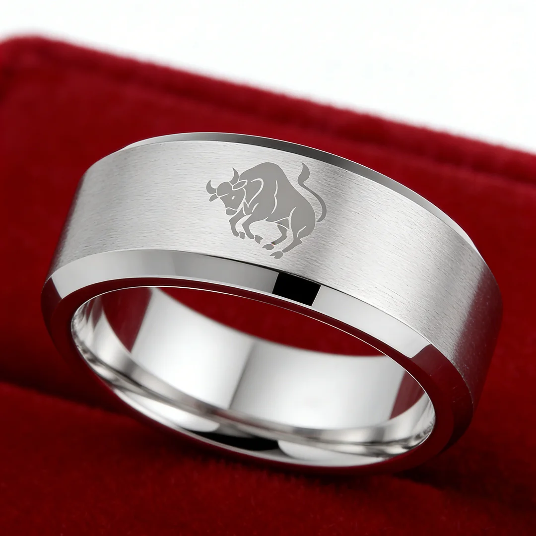 Sliver Edges and Laser Etched Wedding Band Comfort Fit Mens Womens Sliver Taurus Tungsten Carbide Rings 4MM 6MM 8MM Width