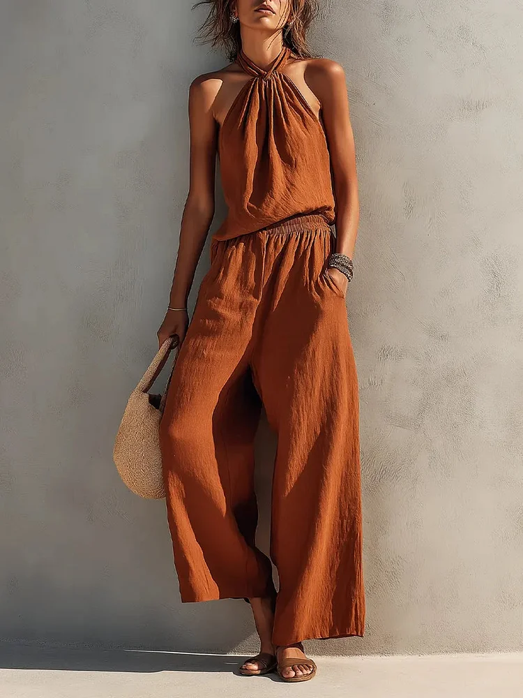 Women's Casual Halter Top And Wide-leg Pants Cotton And Linen Set