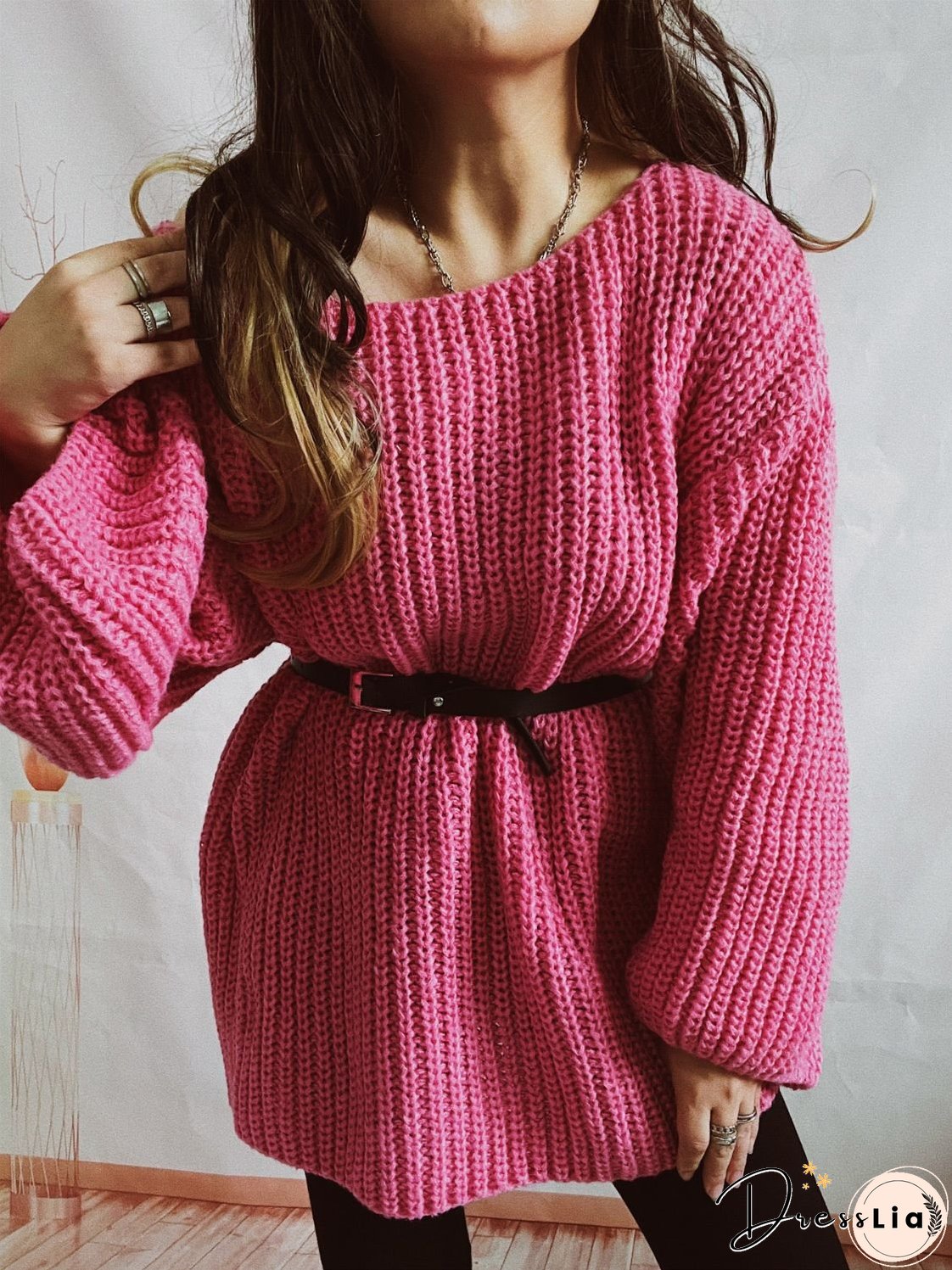 Boat Neck Long Sleeve Sweater with Belt