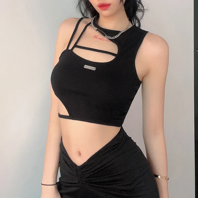 Churchf Churchf 2024 New Fashion Street Style Pure Color Asymmetrical Spicy Girl Hollow Out Short Small Vest Woman