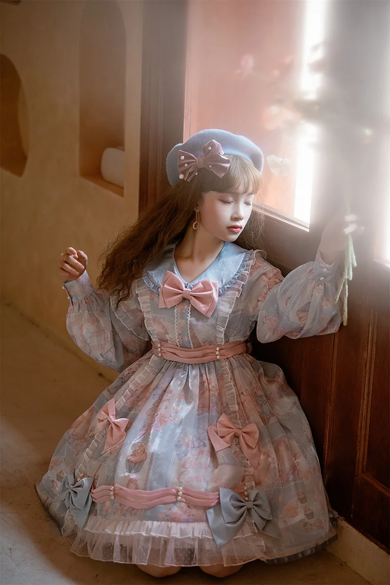 Sweet Lolita One Piece Dress Long Sleeves Cute Girl Dress With Bows Novameme