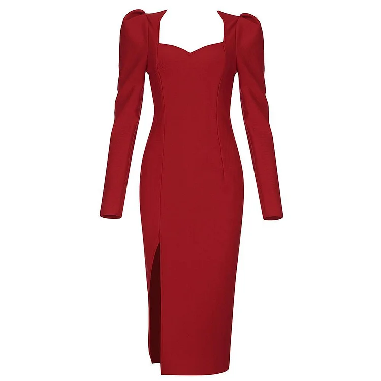 Promsstyle Promsstyle Sweetheart neck long sleeve slit midi dress Prom Dress 2023