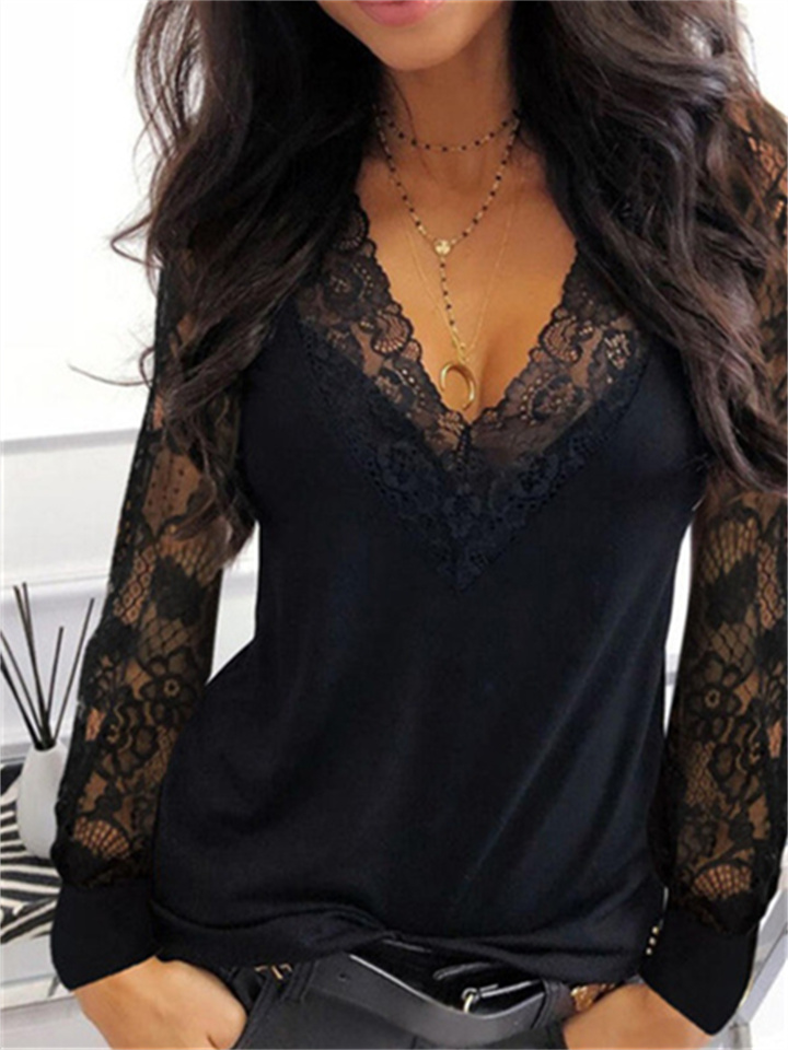 Women's Plus Size Tops Blouse Solid Color Lace Long Sleeve V Neck Sexy Daily Vacation Polyester Spring Fall White Black