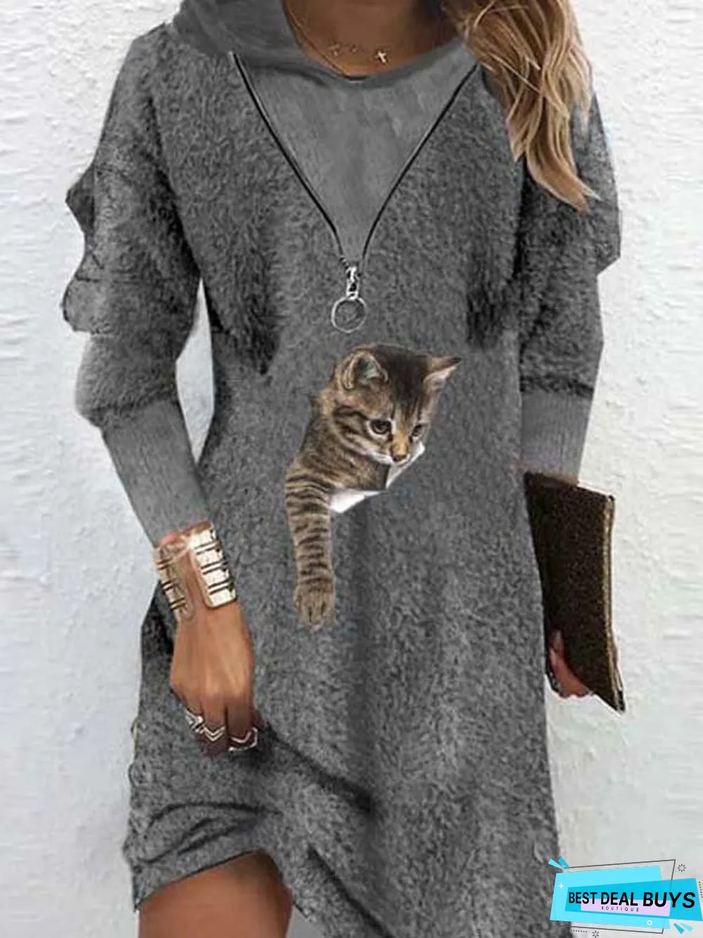 Jersey Cat Zipper Casual Dress